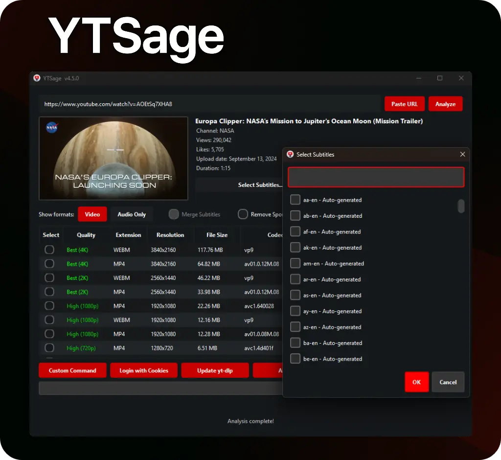 YTSage - YouTube下载器｜支持全分辨率｜音频提取｜字幕下载