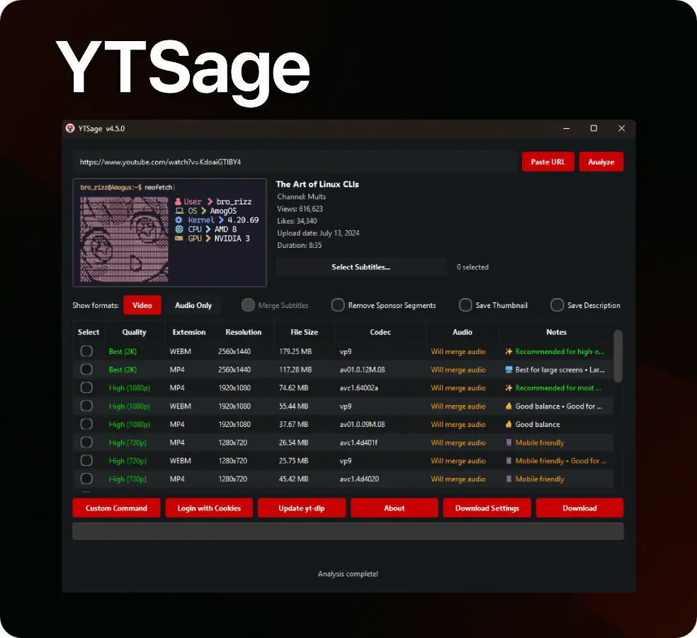 YTSage - YouTube下载器｜支持全分辨率｜音频提取｜字幕下载
