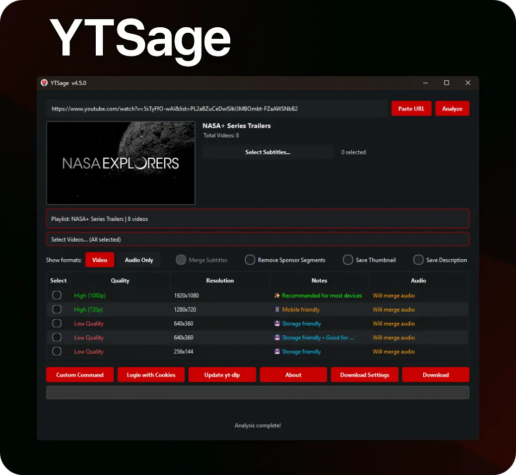 YTSage - YouTube下载器｜支持全分辨率｜音频提取｜字幕下载