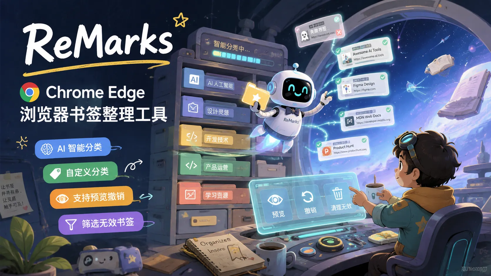 ReMarks – 浏览器书签AI整理工｜支持预览撤销｜AI 辅助整理｜书签撤销恢复｜快速筛选无效网页书签